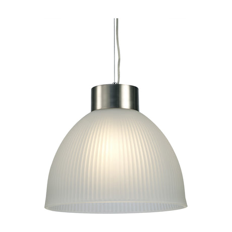 Hof E27 Pendant Light in satin nickel with a wide, ribbed frosted glass dome shade, shown on a plain white background.