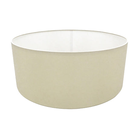 Sigma 50cm drum lamp shade in ivory pearl faux silk with a white laminate lining, wide and shallow cylinder shape, shown on a plain white background.