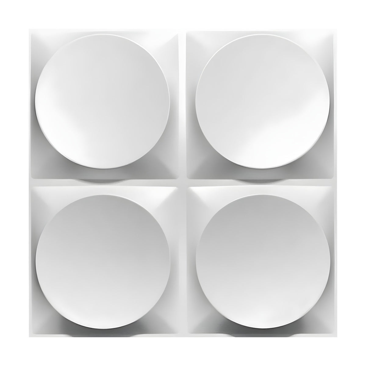 White PVC 3D wall panel, 50 x 50cm, featuring four large raised discs in a 2x2 grid with bevelled square frames, shown on a plain white background.