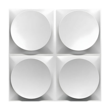 White PVC 3D wall panel, 50 x 50cm, featuring four large raised discs in a 2x2 grid with bevelled square frames, shown on a plain white background.