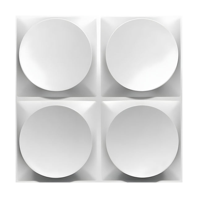 White PVC 3D wall panel, 50 x 50cm, featuring four large raised discs in a 2x2 grid with bevelled square frames, shown on a plain white background.
