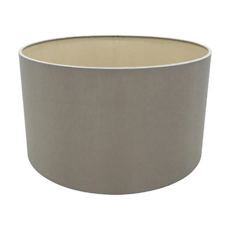 Sigma Lamp Shade 30cm cylinder drum in taupe faux silk with a warm gold interior lining, shown on a plain white background.