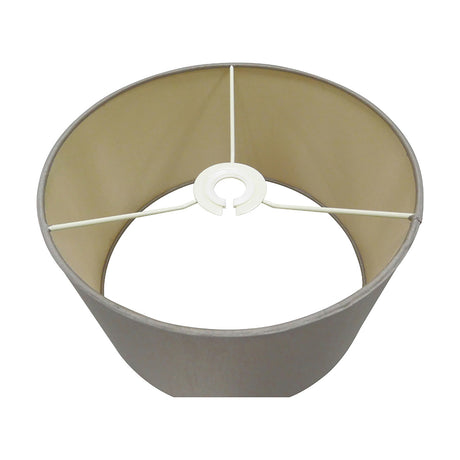 Sigma Lamp Shade 30cm, a cylindrical drum shade in taupe faux silk with a gold interior lining, shown from above with white spider fitter frame, on a plain white background.
