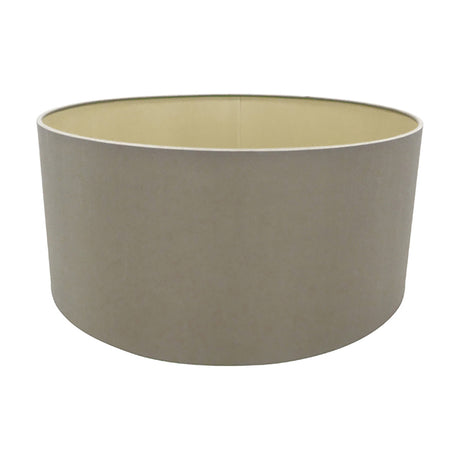 Sigma Lamp Shade 40cm in taupe faux silk, a wide cylindrical drum shade with soft mid-brown outer fabric and a pale gold lining, shown on a plain white background.