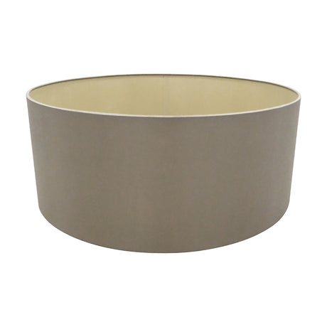 Sigma Lamp Shade 50cm in taupe faux silk, a wide shallow drum with cream-gold interior lining, shown on a plain white background.