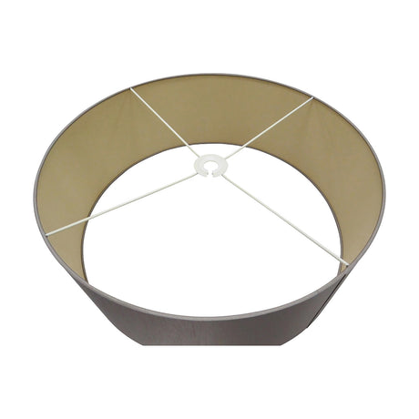 Sigma Lamp Shade 60cm in taupe faux silk with gold interior lining, wide shallow drum shape with white cross brace and fitting, shown on a plain white background.