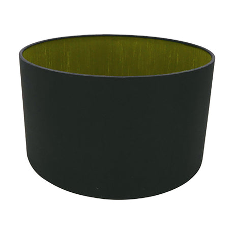 Sigma Lamp Shade 30cm, a cylindrical drum shade in midnight black faux silk with a contrasting green olive interior lining, shown on a plain white background.