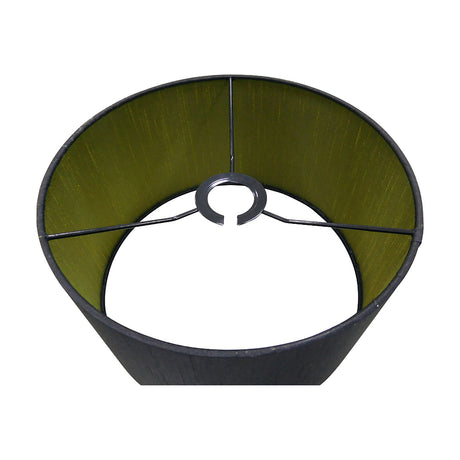 Sigma Lamp Shade 30cm, cylindrical drum shade viewed from below, midnight black exterior with olive green interior lining and metal frame struts, on a white background.