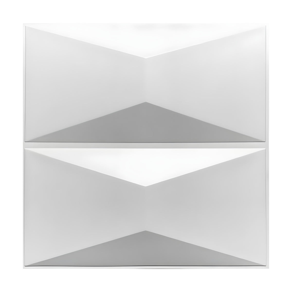 White PVC 3D wall panel, 50 x 50cm, with two stacked faceted bow tie rectangles forming a geometric pattern, shown on a plain white background.