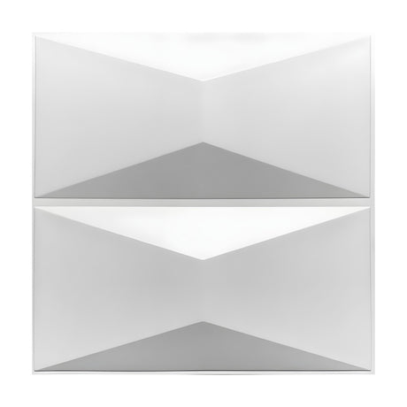 White PVC 3D wall panel, 50 x 50cm, with two stacked faceted bow tie rectangles forming a geometric pattern, shown on a plain white background.