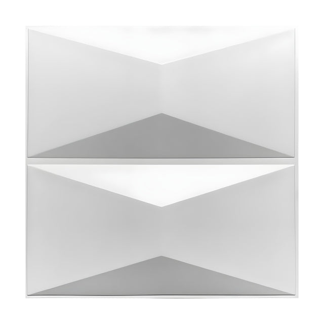 White PVC 3D wall panel, 50 x 50cm, with two stacked faceted bow tie rectangles forming a geometric pattern, shown on a plain white background.