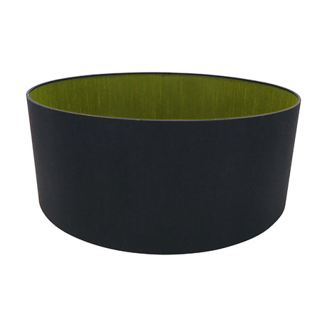 Sigma 50cm drum lamp shade in midnight black faux silk with a contrasting green olive interior lining, shown on a plain white background.