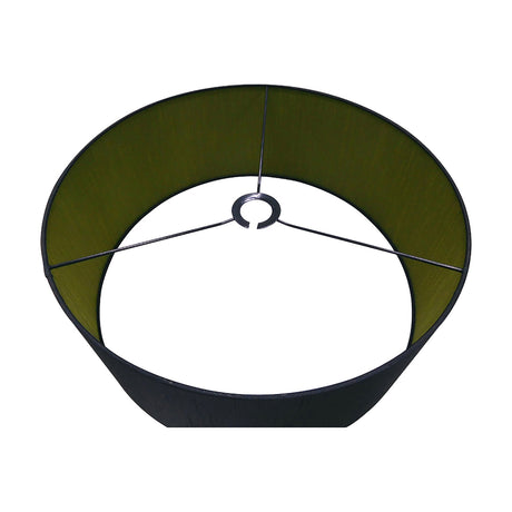 Sigma Lamp Shade 50cm, a wide drum shade in faux silk with midnight black outer and olive green inner faces, visible metal support struts and centre ring, shown on a white background.