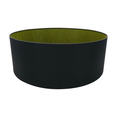 Sigma Lamp Shade 60cm, a wide drum-shaped cylinder in midnight black faux silk with an olive green fabric interior, shown on a plain white background.