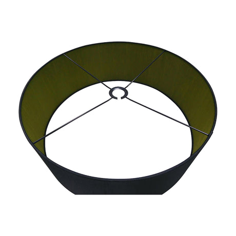 Sigma Lamp Shade 60cm, a wide cylindrical drum shade in midnight black faux silk with an olive green interior, shown from below revealing the metal cross-brace frame against a white background.