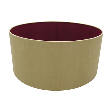 Sigma Lamp Shade 40cm, a straight-sided cylindrical drum shade in antique gold faux silk with a ruby red interior lining, shown on a plain white background.
