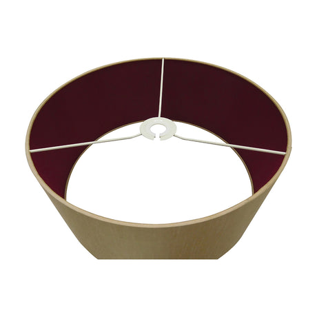 Sigma 40cm drum lamp shade in antique gold faux silk with a ruby red interior lining, shown from above with white metal fitting frame on a plain white background.