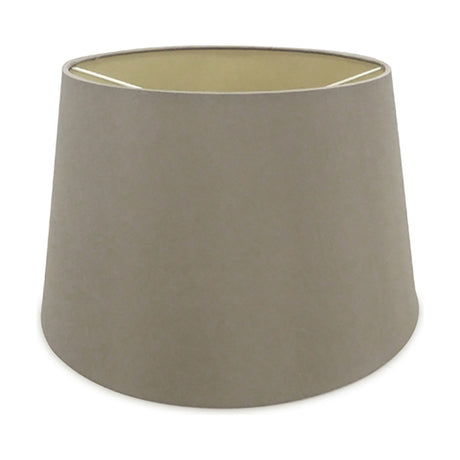 Sutton Lamp Shade 35cm in taupe faux silk with a gold lining, tapered empire shape, shown on a plain white background.