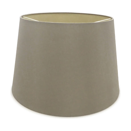 Sutton Lamp Shade 40cm in taupe faux silk with cotton, empire shape tapering to a wider base, gold interior lining, shown on a plain white background.