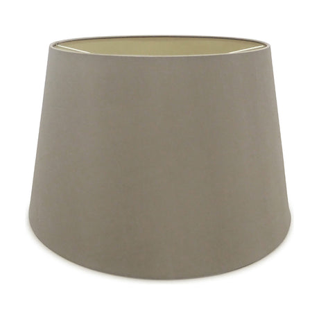 Sutton Lamp Shade 45cm in taupe fabric with gold lining, round tapered empire shape, shown on a plain white background.