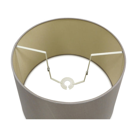 Sutton Lamp Shade 45cm in taupe faux silk with gold lining, round tapered empire shape, shown from above with white dual-mount fitting on plain background.