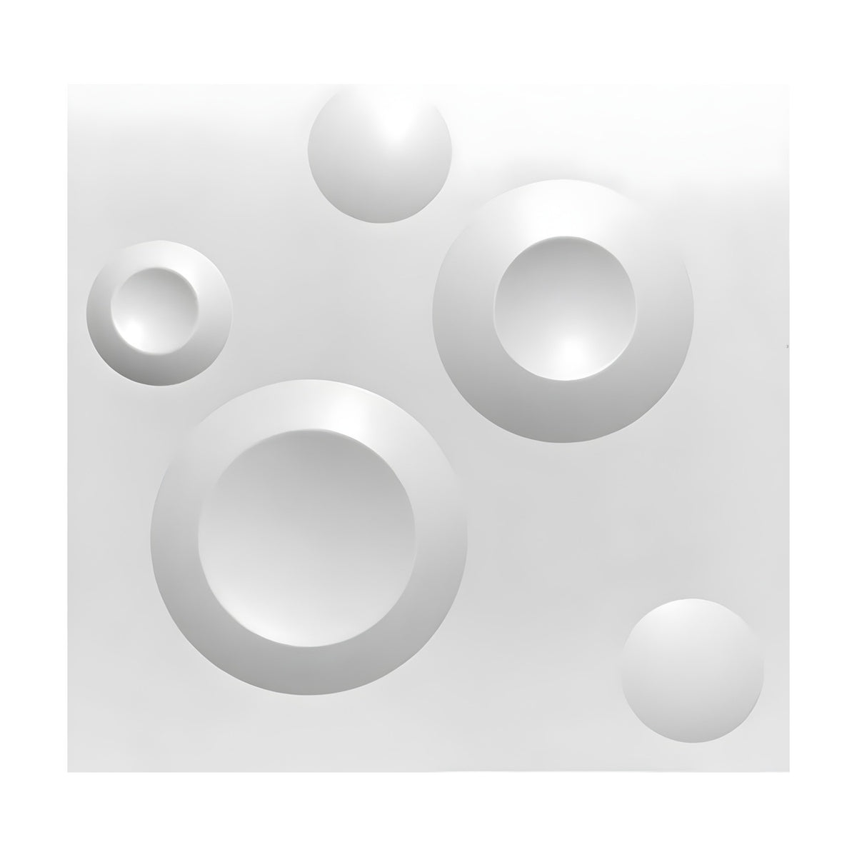White 3D PVC wall panel, 50 x 50cm, featuring five unevenly scattered round forms, including smooth domes and raised rings with recessed centres, on a plain background.