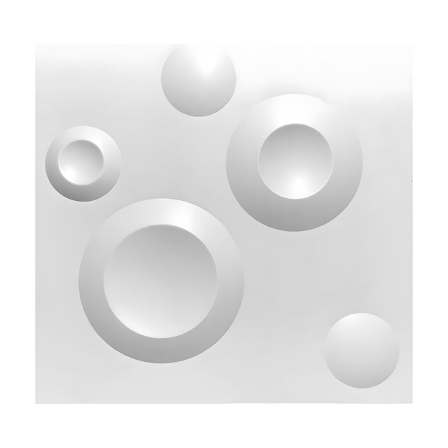 White 3D PVC wall panel, 50 x 50cm, featuring five unevenly scattered round forms, including smooth domes and raised rings with recessed centres, on a plain background.