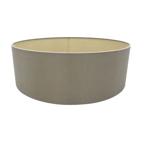 Serena Lamp Shade 45cm, a wide, shallow drum-shaped lamp shade in taupe fabric with a gold-toned interior lining, shown on a plain white background.