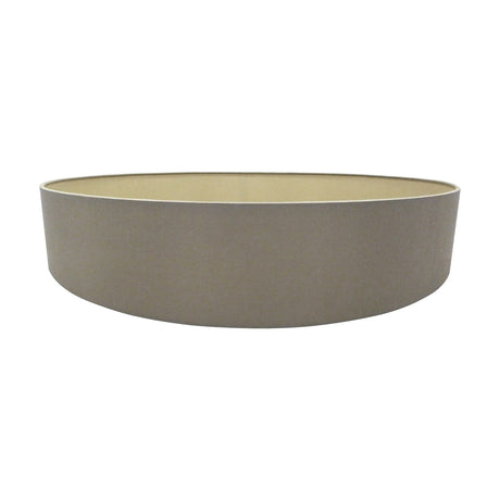 Serena Lamp Shade 60cm in taupe faux silk with cotton, a wide low cylinder drum with gold-toned lining, shown on a plain white background.