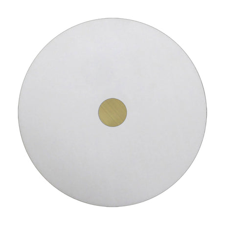 Universal Diffuser 50cm round flat acrylic panel in opal white with a small antique brass centre disc, shown on a plain white background.