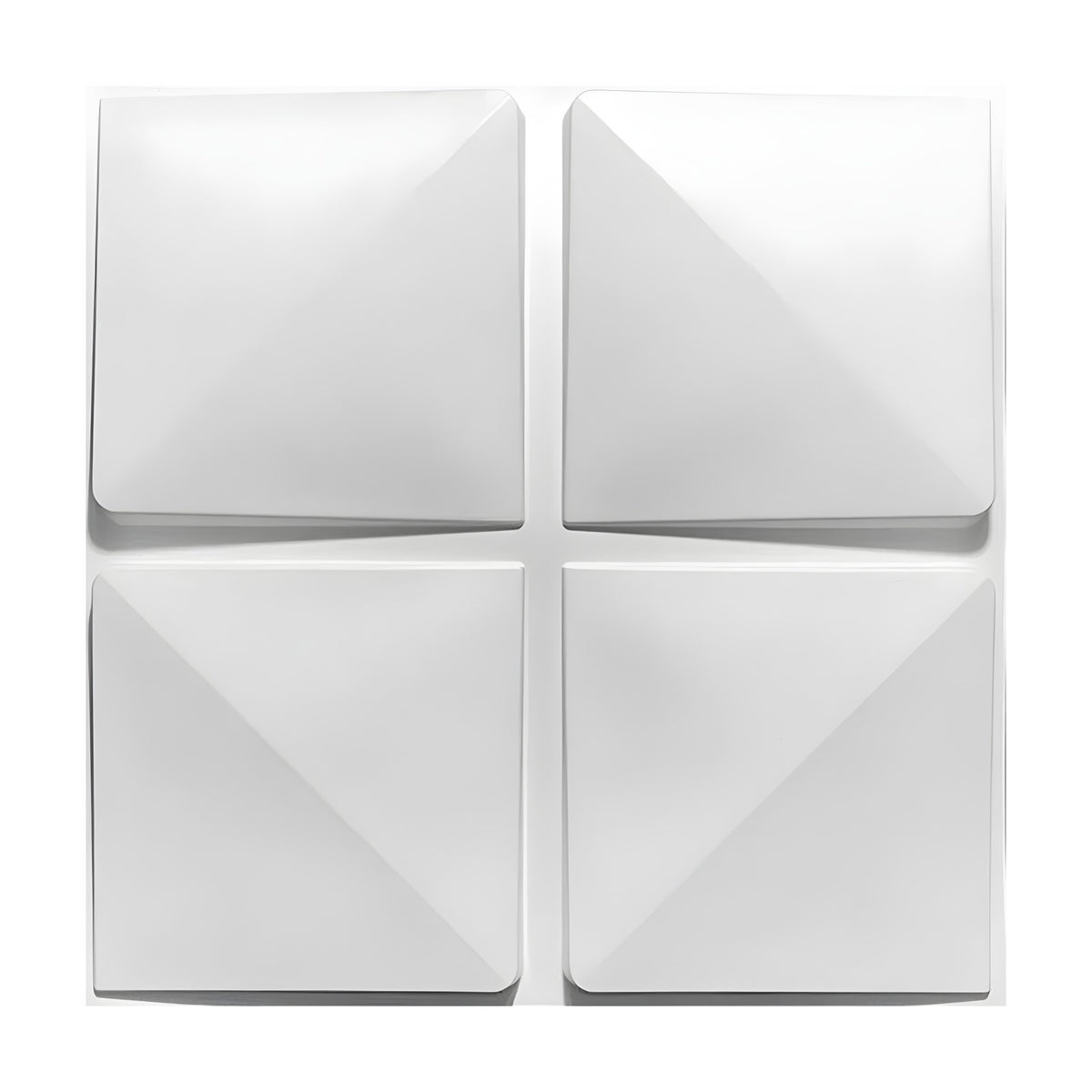 White PVC 3D wall panel, 50 x 50cm, with four raised squares in a two-by-two grid, each diagonally creased into triangular facets, shown on a plain white background.