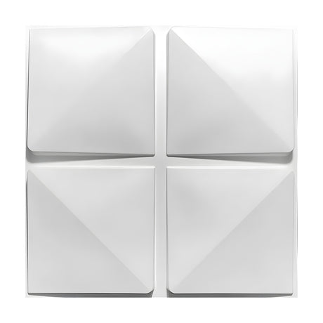 White PVC 3D wall panel, 50 x 50cm, with four raised squares in a two-by-two grid, each diagonally creased into triangular facets, shown on a plain white background.