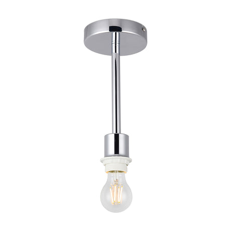 Baymont Semi Flush Ceiling Light in polished chrome with a 12cm round ceiling plate, straight rod, and exposed E27 lampholder holding a filament bulb, shown on a plain white background.