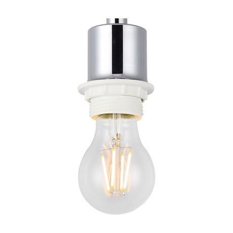 Baymont Semi Flush Ceiling Light 12cm in polished chrome, with a white-trimmed E27 lampholder fitted with a clear filament bulb, shown on a plain white background.