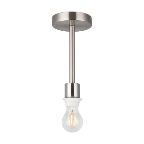 Baymont E27 semi flush ceiling light in satin nickel, with a 12cm round ceiling plate and short stem holding an E27 lampholder fitted with an exposed bulb, shown on a plain white background.