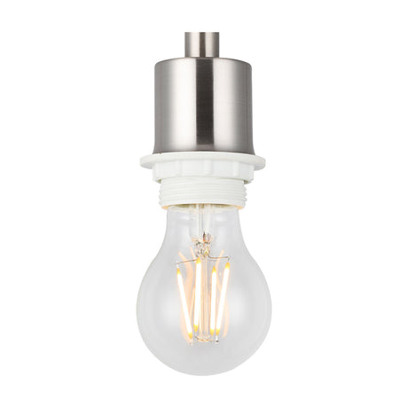 Baymont E27 semi flush ceiling light with 12cm satin nickel ceiling plate and white gallery, shown with a clear LED filament bulb on a plain white background.