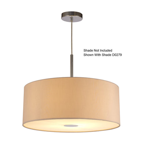 Baymont E27 pendant light in polished chrome with 12cm ceiling cup and rod suspension, shown fitted with a beige drum shade (sold separately) on a white background.
