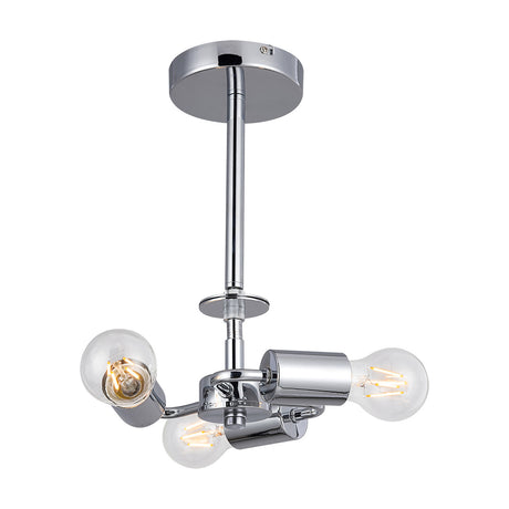 Baymont 3 Light Semi Flush Ceiling Light, 25cm, polished chrome finish with three angled arms and exposed E27 bulbs, shown on a plain white background.