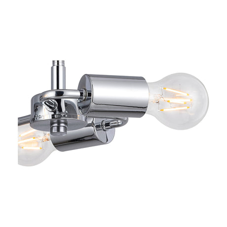 Close-up of the Baymont 3 Light Semi Flush Ceiling Light in polished chrome, showing E27 holders with exposed filament bulbs on a plain white background.