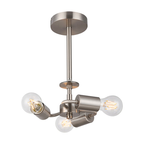 Baymont 3 Light E27 Semi Flush Ceiling Light in satin nickel, 25cm plate with three angled arms holding exposed bulbs, shown on a plain white background.