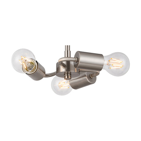 Baymont 3 Light E27 Semi Flush Ceiling Light in satin nickel, 25cm plate with three angled arms holding exposed filament bulbs, shown on a plain white background.