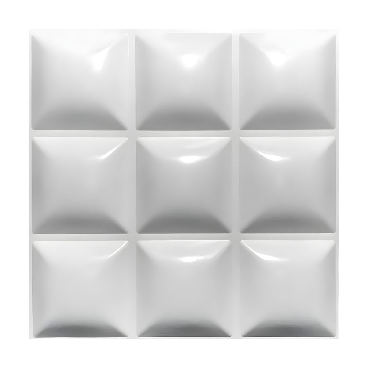 White PVC 3D wall panel with nine raised, pillow-like square cushions in a 3x3 grid, 50 x 50cm, 30mm relief, shown on a plain white background.