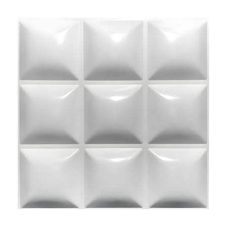White PVC 3D wall panel with nine raised, pillow-like square cushions in a 3x3 grid, 50 x 50cm, 30mm relief, shown on a plain white background.
