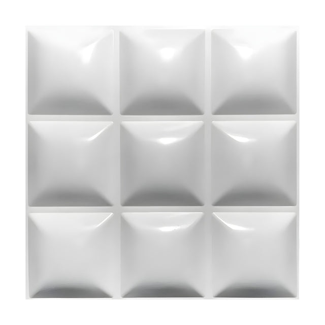 White PVC 3D wall panel with nine raised, pillow-like square cushions in a 3x3 grid, 50 x 50cm, 30mm relief, shown on a plain white background.