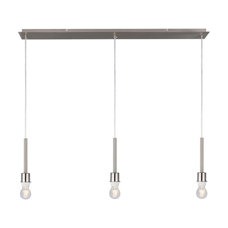Baymont 3 Light E27 Linear Pendant Light in satin nickel, with a slim iron ceiling bar and three suspension cords ending in exposed bulb holders, shown on a white background.