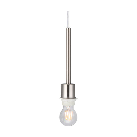 Baymont pendant light in satin nickel with a single E27 lampholder on a slim bar and long white suspension cable, shown fitted with a clear filament bulb on a plain white background.