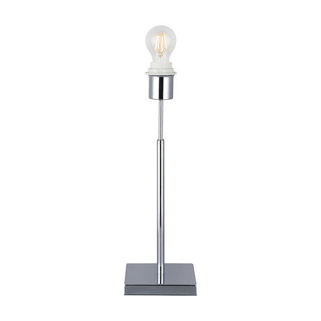 Camino E27 table lamp with a slim polished chrome stem on a small square base, shown unshaded with a visible bulb against a plain white background.