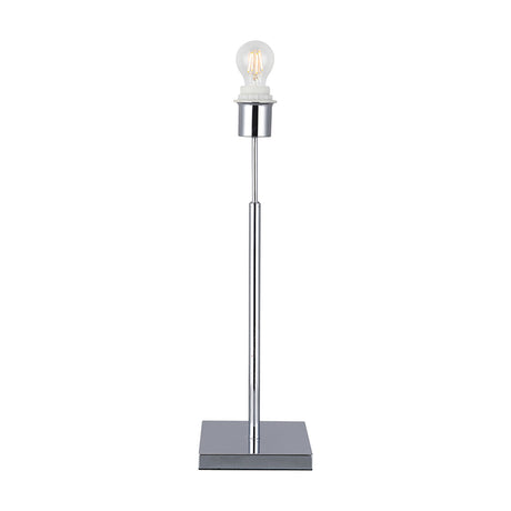 Camino E27 Table Lamp in polished chrome with a slim column, square base, and exposed bulb, shown against a plain white background.