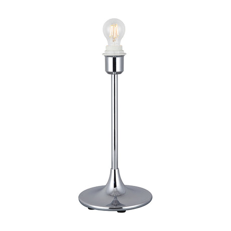 Crowne E27 table lamp in polished chrome with a slim stem, round tapered base, and exposed E27 bulb fitting, shown shadeless against a plain white background.