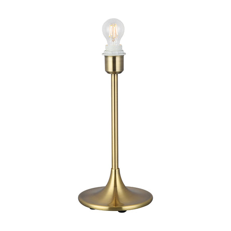 Crowne E27 Table Lamp in antique brass, 18cm round base with slender stem, shown unshaded with an exposed bulb on a plain white background.